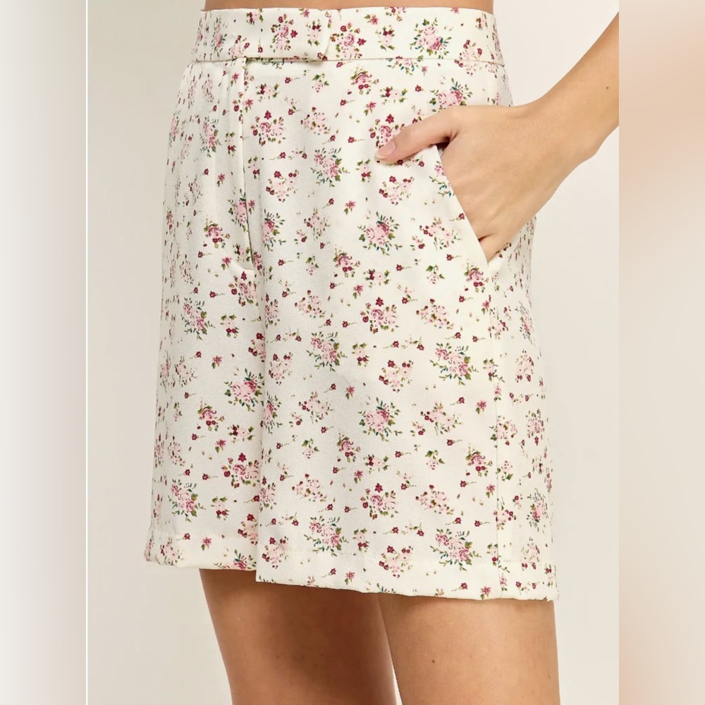 Ellison Cream Floral Shorts with Pink Accents